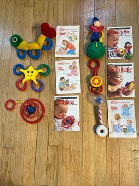 vintage parents mag baby toys set 6)worm, rings,rattles,stand up man-see desc